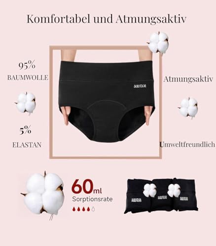 SUUFOR Periodenunterschwäsche Starke Blutung 60ML, Hohe Taille Hohe SaugfäHigkeit Perioden Unterwäsche, Atmungsaktiv Lecksicher Menstruationsunterwäsche MäDchen & Frauen (3er Pack) M
