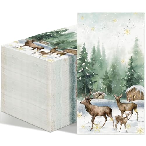 100 Pcs Christmas Disposable Paper Guest Napkins Disposable Hand Towels for Bathroom Watercolor Deer Trees for Seasonal Christmas Winter Holiday Decor