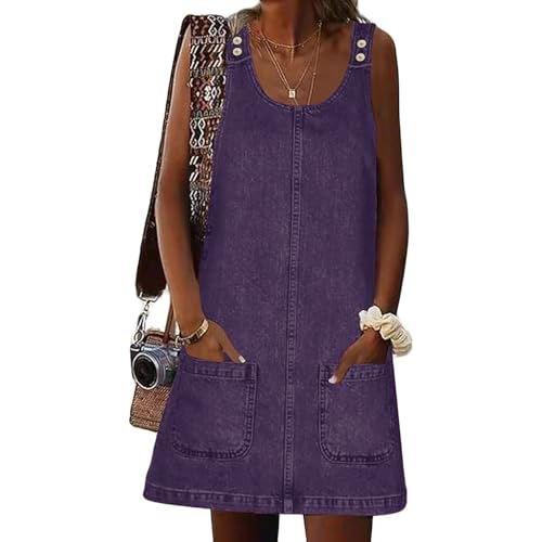 Image of Xaspee Denim Overall Dress for Women Casual Mini Sleeveless Jean Vintage Jumper Skirt Dress with Pockets