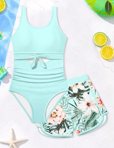 Image of Qaoerde Girls Swimsuit One Piece Swimsuits Cutout Ruched Bathing Suits Adjustable Straps Tie Girls' Swimwear 9-16Y