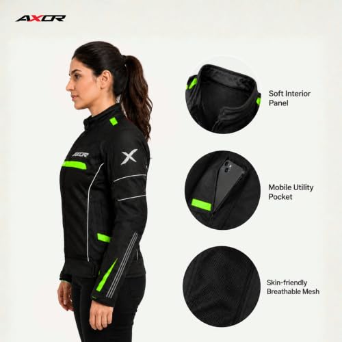 Image of Axor Divazz Women Motorcycle Riding Jacket, CE Armour Protective Bike Jacket, All-Weather Touring Riding Gear with Ventilation Panels, Black Neon Green, L