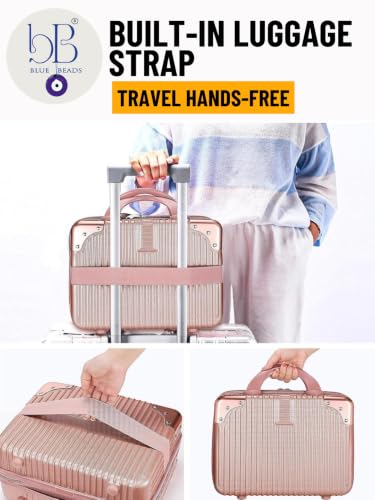 Image of BLUE BEADS Travel Makeup Case with Lock & Luggage Strap, ABS Hard Shell Cosmetic Vanity Case, Portable Makeup Organizer for Women, Beauty Storage Box for Makeup & Toiletries (Rosegold, Model 3)