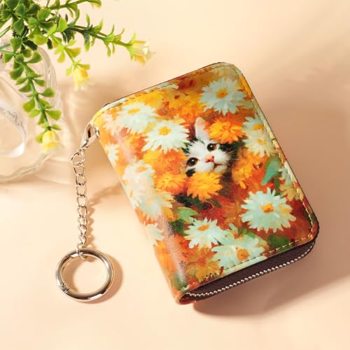 Image of FurArt Zipper Wallet Women, RFID Blocking Credit Card Wallet, Business Card Holder, Compact Size KeyChain Wallet, Daisies and Cat, small