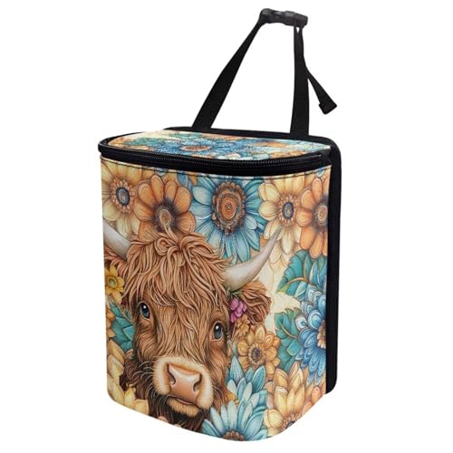 Image of Talayituse Boho Mandala Highland Cattle Print Car Trash Can with Adjustable Straps, Zip Closure Car Trash Bag Bin Auto Garbage Bag Multipurpose Storage Box for Vehicle Travel Camping Picnicing