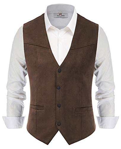 PJ PAUL JONES Men's Western Cowboy Suit Vest Slim Fit Faux Suede Leather Dress Vests Waistcoat for Wedding