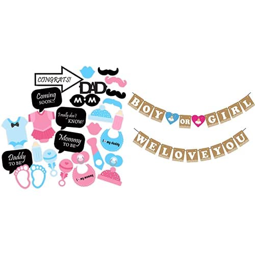 SYGA Baby Shower Party Photo Booth Props (Set of 30), Multicolour&Syga Boy or Girl We Love You for Baby Shower Party and Maternity Shoot