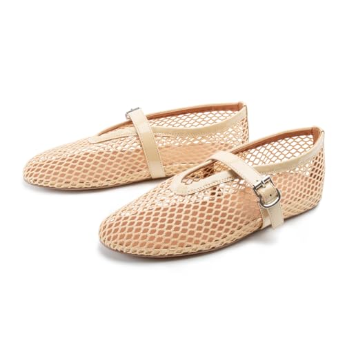 Women Mesh Flats Buckle Strap Round Toe Comfy Causal Ballet Flats Fashion Mary Jane Fishnet Ballerina Flat Shoes4
