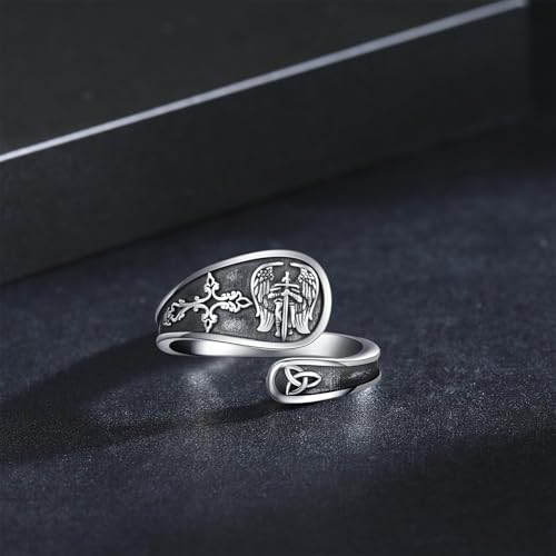KiiKii Archangel Michael Ring 925 Sterling Silver Patron Saint Michael Medal Adjustable Spoon Rings Catholic Protection Jewelry Gifts for Men Women2