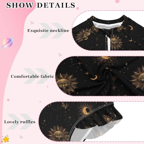 ALAZA Sun Moon Space Black Girls One Piece Swimsuit Long Sleeve Rash Guard Swimsuits UV 50+ Swimwear Zipper4