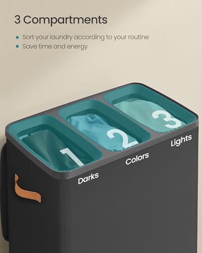 Image of SONGMICS Laundry Basket, 50.2 Gal. Laundry Hamper, 3 Compartments, Easy Assembly, with Lid and Handles, Removable Liners, 25.2 x 15.7 x 29.5 Inches, Ink Black ULCB814BH01