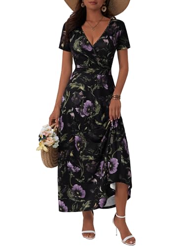 Image of HUHOT Women's Short Sleeve Wrap V Neck Dresses for Wedding Guest Summer Floral Maxi Sundresses with Pockets Boho Dress
