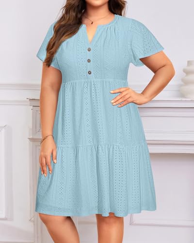Image of Plus Size Summer Dress Casual Short Sleeve Button Midi Sun Dresses Women