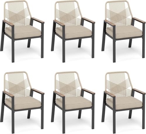 SUNSHINE VALLEY Patio Dining Chairs Set of 6, Heavy-Duty Woven Rope Outdoor Chairs with Waterproof Cushion and Wrought Iron Frame, All-Weather Outside Seating for Kitchen Porch Deck Backyard