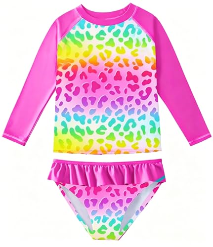 Image of JiAmy Girls Swimsuits Long Sleeve Bathing Suit Two Piece Rash Guard Set Beach Swimwear with UPF 50+ Sun Protection 3-9T