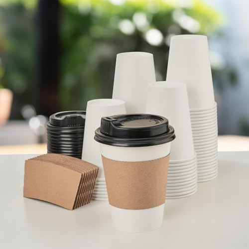 RACETOP 12 oz 50 pack Disposable Paper Coffee Cups with Lids and Sleeves