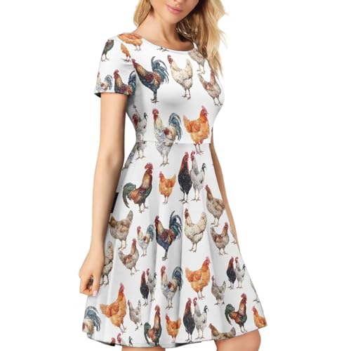 Image of HUGS IDEA Womens Puffy Swing Midi Dress Round Neck Short Sleeve Party A-Line Dresses