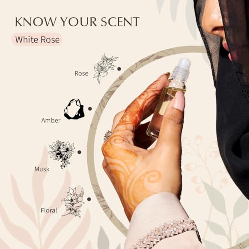Dukhni White Rose Attar Oil|Arabic Perfume Oils For Men And Women|100% Pure Ittar Roll On Perfume,Oud Oil,Woody Oudh Perfume|Eid,Ramadan,Umrah Gifts,Non Alcoholic&Vegan Islamic Fragrances
