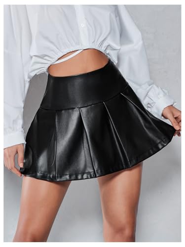 Floerns Women's High Waisted Leather Skirt Pleated Hem Club Party Mini Skirts4