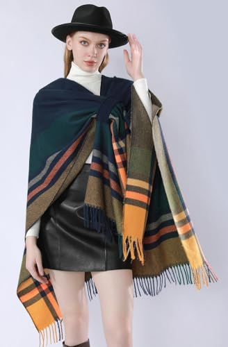 Knitted Pashmina Shawl Wrap for Women Cross Open Front Blanket Winter Warm Poncho Capes Cardigan Gradient Checkered Coat 6