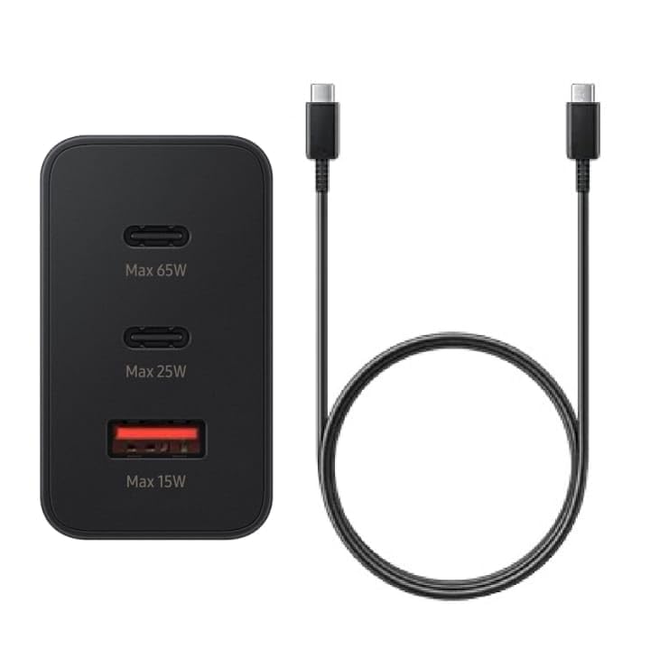 Image of Original 65w Trio Port Type C to Type A Quick Fast Charging Charger Compatible with Samsung S24 Ultra /S24 plus /S24 /S23 Ultra /S23 /S23 fe /S22 /Z fold /flip /6 /5 /4 /3 Adapter & Type C to C Cable