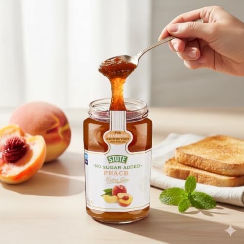 Image of Stute Peach Jam 430g, No Sugar Added, 90% Less Sugar & 30% Less Calories, Diabetic Friendly, Imported from UK
