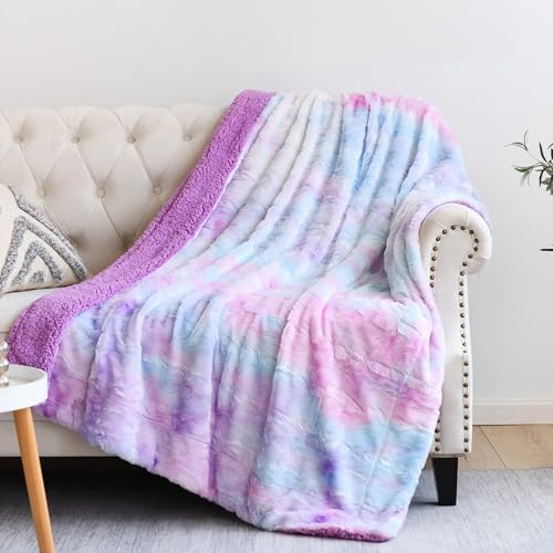 NEWCOSPLAY Faux Fur Sherpa Twin Blanket for Couch, Multi Purple, 60"x80"
