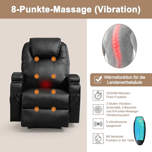 Thanaddo Elektrische Massagesessel Relaxsessel mit ärmefunktion und Vibration, TV Sessel mit Liegefunktion, mit USB, Liegefunktion Wärmefunktion,neu Schwarz – Bild 7