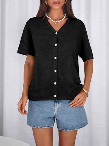 Image of NALANISA Women's Short Sleeve Sweater Spring Summer Crochet Knit Tops 2026 V Neck Striped Button Down Dressy Casual Blouses