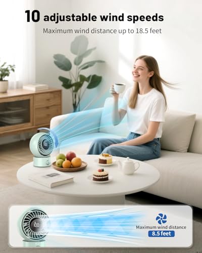 Image of Aluan 7-Inch Portable Rechargeable Fan, Table Fan with 90 Oscillation, 10 Speed Settings, Quiet Airflow & Battery Indicator for Home, Desk & Travel