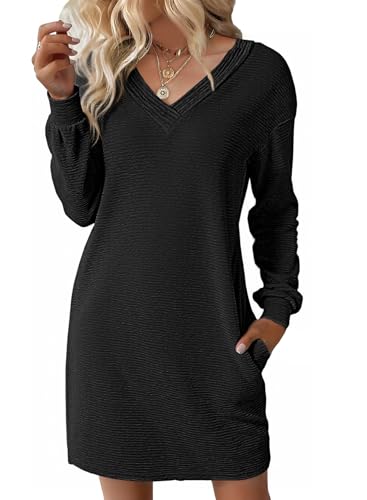 EVALESS Fall Dresses for Women 2025 Fashion V Neck Long Sleeve Summer Mini Dress Solid Casual Beach Vacation Clothes Tshirt Dresses with Pockets Women's Clothing Black Small