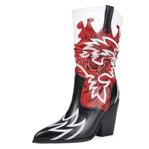 Image of Women Cowboy Boots Mid Calf Embroidered Cowboy Boots for Women Knee High Chunky Heel Pointed Toe Wide Calf Western Boots Cowgirl Boots