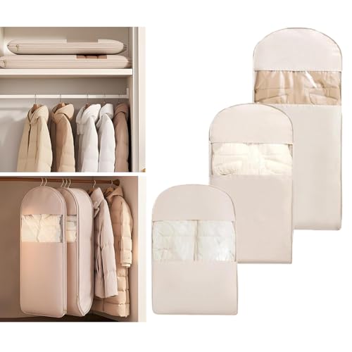 Space Saving Hanging Garment Bag with Self Compression Zipper, Space Saver Closet Organizers, Dust Cover Clothes Bags for Down Coat, for Closet Storage (Beige, (Medium+Large+X-Large)3Pcs)