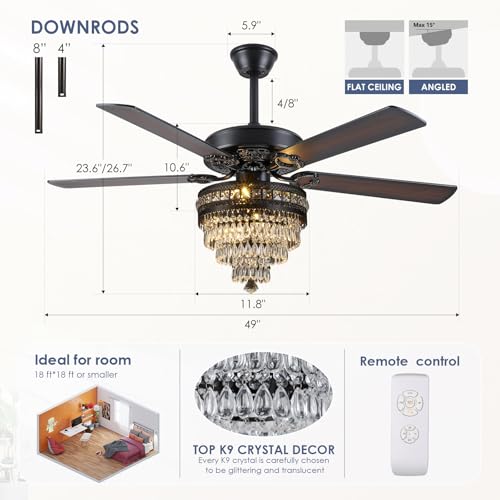 Asyko Crystal Ceiling Fan Fandelier with Lights - Modern Outdoor Fans with Remote Control,Noiseless AC Motor, Retro/Farmhouse Lighting, Dining Room, Living Room (52"