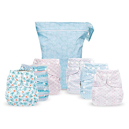 Image of Simple Being Reusable Cloth Diapers, Double Gusset, One Size Adjustable, Washable Soft Absorbent, Waterproof Cover, Eco-Friendly Unisex Baby Girl Boy, six 4-Layers Microfiber Inserts (Stripes)