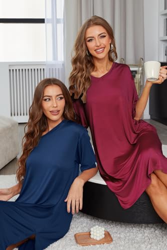 Image of ft FENTENG 2-Pack Women's Nightgowns Short Sleeve Nightshirt V Neck Soft Sleepwear Casual Sleepshirts Loose Pajama Dress