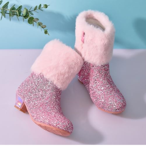 Girls Winter Warm Fur Low Heels Ankle Boots Glitter Sequin Princess Dress Booties with Side Zipper2