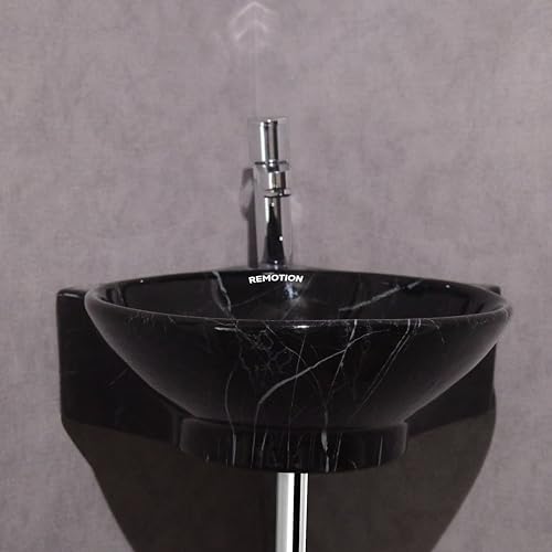 Image of REMOTION Wall Mounted Wash Basin for Bathroom | Wall Hung Corner Sink | Ceramic Round Wall Hung Wash Basin | Wall Hung Small Corner Basin (16.3 x 13.8 x 4.3 Inch) (Glossy Black White Stripe)