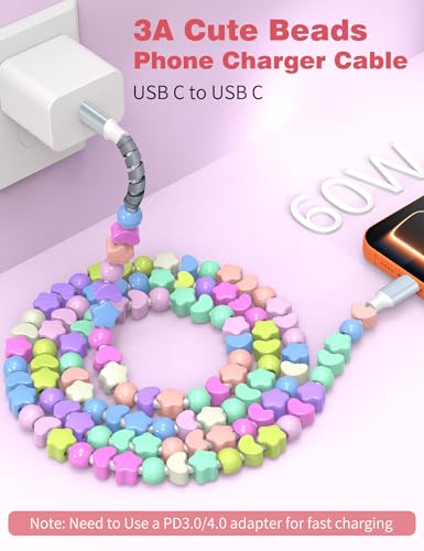 Image of USB C to USB C Cable 3FT,60W Fast Charging Beaded Charger Cord for iPhone 17 16 15 Pro Max /iPad Pro Air 11th for Samsung S26 S25 S24 Ultra S23 A16 /Android Phone Charger Cord Cute Girl Women,Star-Heart