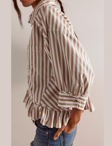 InterNos Womens Striped 3/4 Sleeve Blouse Loose V Neck Button Down Ruffled Hem Vertical Shirt Top with Pocket4