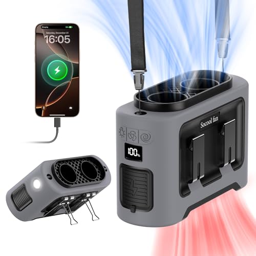Socool Portable Waist Fan Clip on Wearable Belt 14500mAh Rechargeable Personal Fan, Dual Air Outlet, 40H Cooling 5-Speed Battery Operated Fan with Light, Neck Fan Hanging for Outdoor Camping Travel