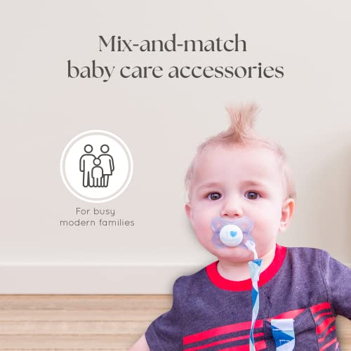 Image of Dodo Babies Pacifier Clip Set - Universal Holder & Pacifier Holder - Detachable Binky Case & Binky Clip - Durable Polyester Straps - 5-Piece Set, Blue /White /Grey Geo Prints