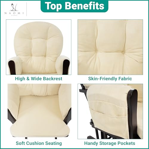Naomi Home Brisbane Glider and Ottoman Set with Smooth Rocking & Gliding Motion, Ergonomic High-Back Support, Cushioned Armrests, Solid Wood Base, Storage Pockets, Espresso/Cream Nursery Chair