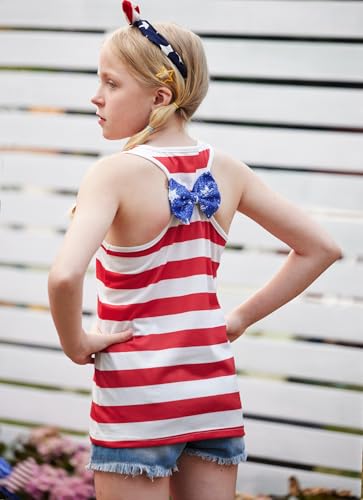 Image of 4th of July Girls Flag Tank Top Back Bow Sleeveless Patriotic Holidays T-Shirt 4-14 Years