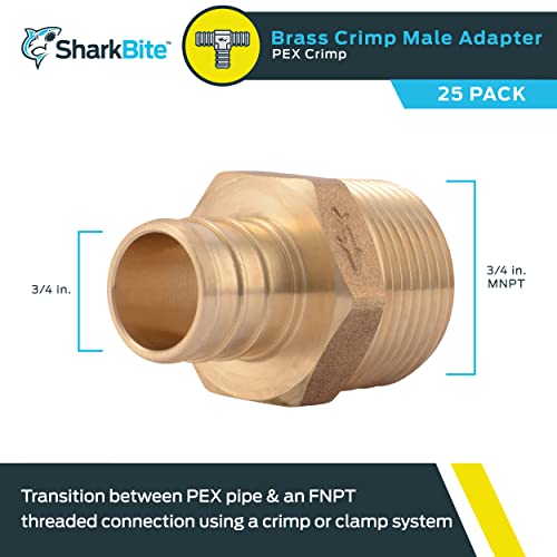 Image of SharkBite 3 /4 Inch Crimp MNPT Male Adapter, Pack of 25, Brass Plumbing Fitting, PEX Pipe, Copper, UC134LF