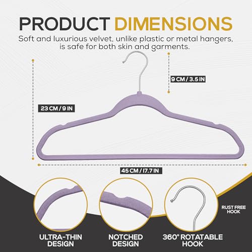 Image of Techzoo Premium Velvet Hangers 50 Pack Ultra Thin Non Slip Adult Felt Space Saving Suit Hanger for Closet Heavy Duty Coat Pants Jackets Dress Hangers 360 Swivel Hook Hold Upto 10 lbs Purple Hangers