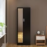 Panana 2 Door Mirrored Wardrobe with Hanging Rail Wooden Clothes Storage Cupboards Unit for Bedroom Furniture 72 x 47 x 170 cm (Black)