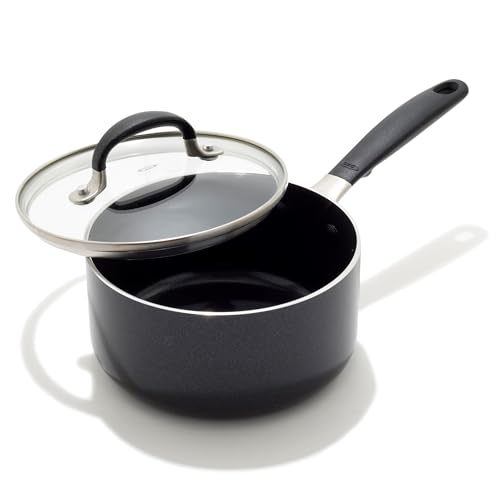 Image of OXO 1.6QT Non-Stick Every Day Sauce Pan with Glass Lid, BPA-Free Comfort Grip Silicone Handle, Dishwasher & Oven Safe, PFAS-Free Ceramic Skillets, Sauce & Soup Chef Pot, Drip-Free, Black