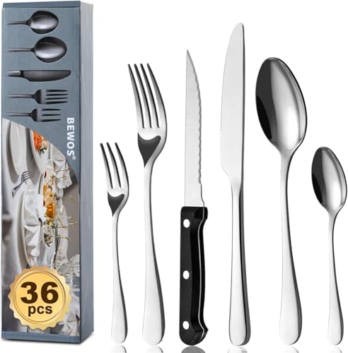 BEWOS 36-teiliges Besteck set mit Steakmesser Service für 6, Premium-Edelstahl-Bestecksets für Haus & Küche, Hochwertiges Messer-Löffel-Gabel-Besteck-Set Hochglanzpoliert, Spülmaschinenfest