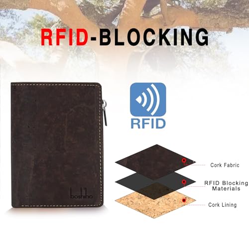 Image of Eco Cork Friendly RFID Blocking Wallet Bi-fold Card Holder Vertical Wallet With Zippered Coin Purse & ID Window