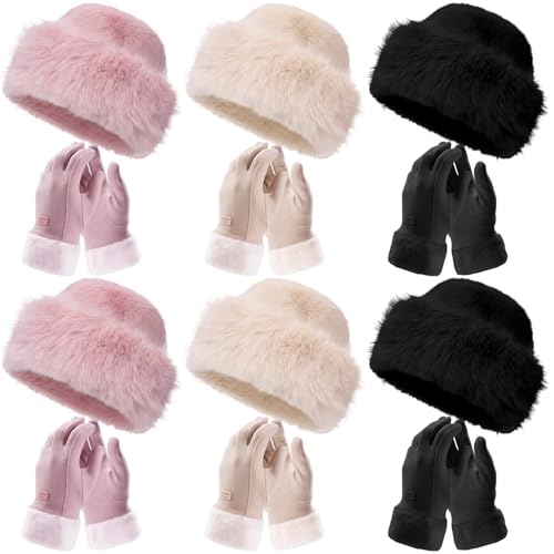 Cutecrop 12 Pcs Women Faux Fur Bucket Hat Gloves Winter Set Warm Faux Mink Plush Hat Winter Suede Gloves with Touchscreen Fleece Lined Windproof for Cold Weather